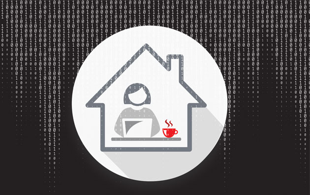 illustration of woman on computer inside house with red coffee cup and 0s and 1s in the black background