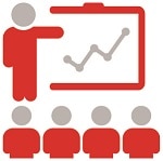 icon showing a figure pointing to a presentation with 4 other figures looking at the presentation, Onboarding Employees