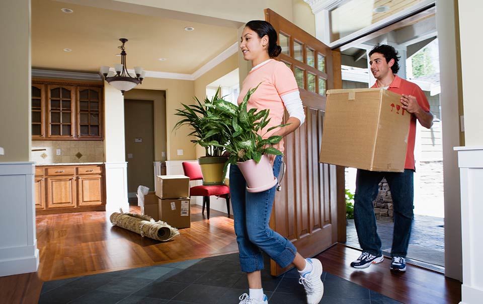 Couple moving in plants and boxes from apartment to new house
