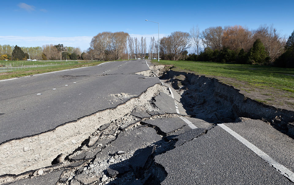 A big crack in the road caused by an earthquake