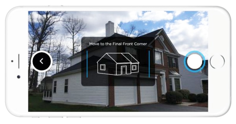 Screenshot from the Exterior Inspection App showing a guide for capturing the corner view of a home.