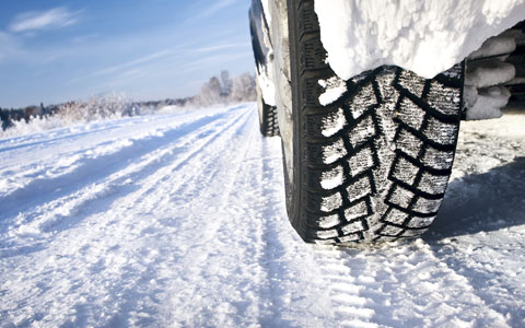 Close up of tire treads on snowy road