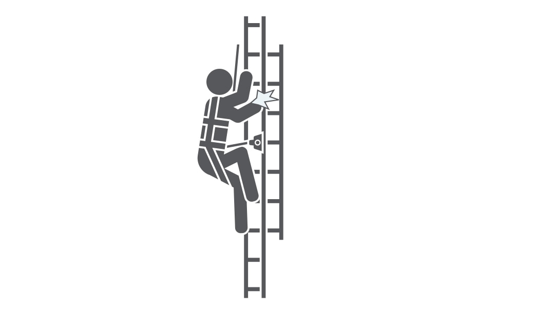figure in harness on ladder